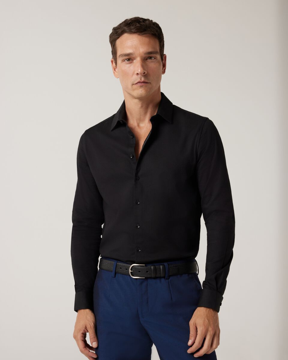 Slim Fit Long Sleeve Textured Dress Shirt, Black, hi-res
